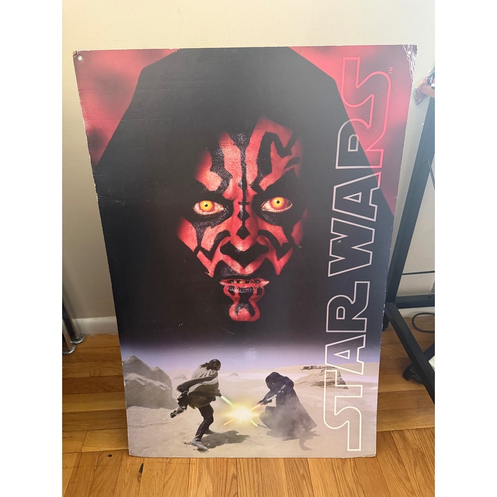 VTG 1999 Star Wars Darth Maul Qui Gon Jinn Movie Theater Poster Sign 2 Sided